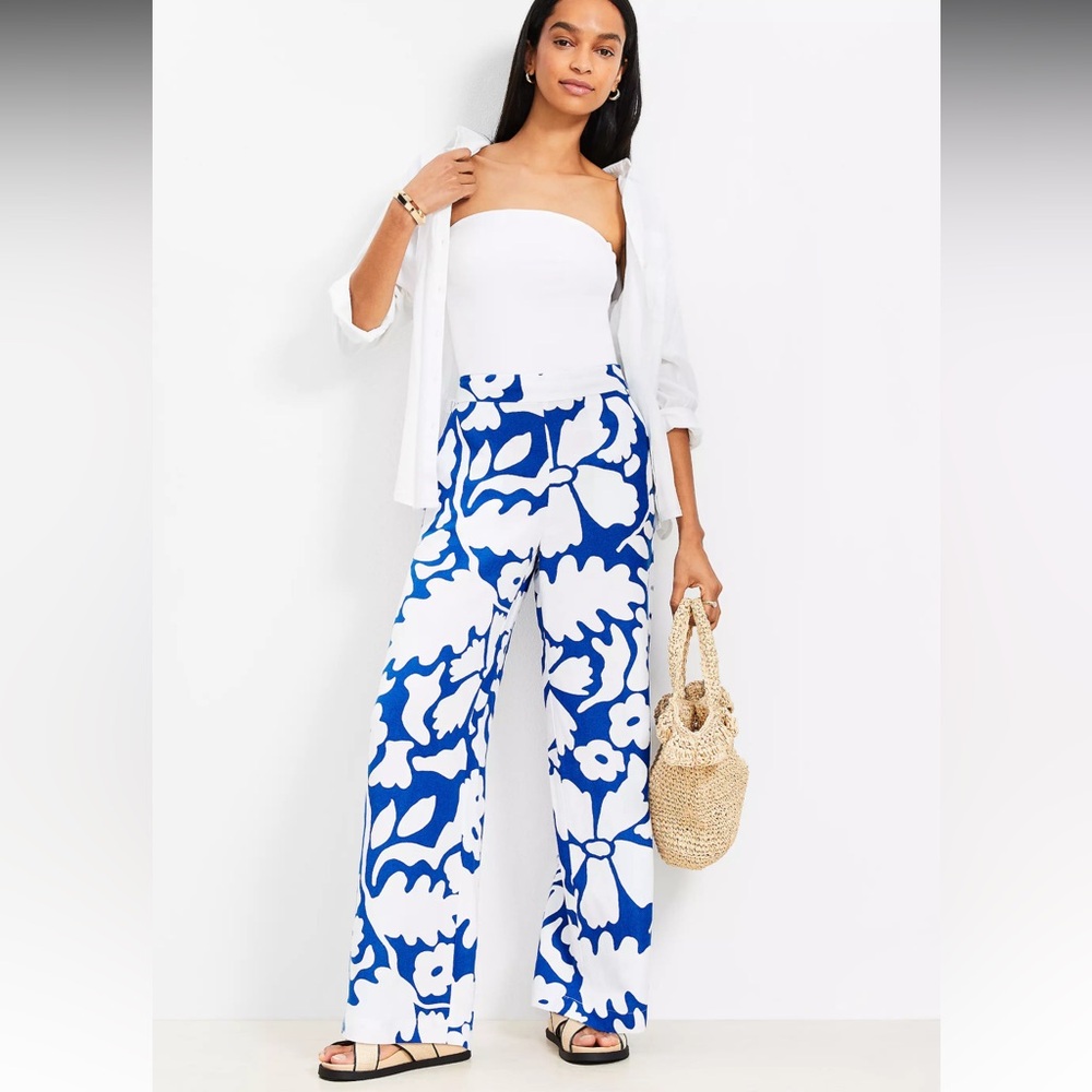 Loft Floral Pull On Wide Leg Pants in Linen Blend size xl euc blue & white